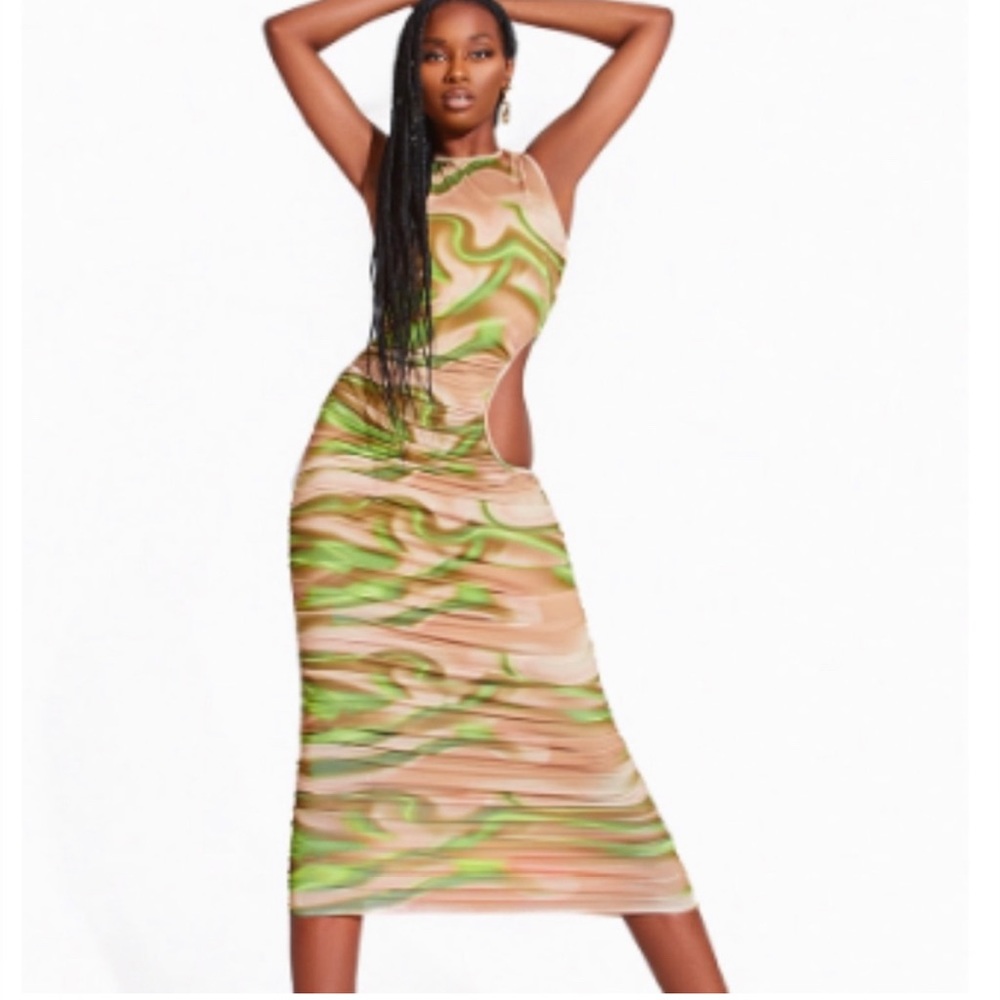 Green Printed Ruched Cut Out Midi Dress size 12 PLT